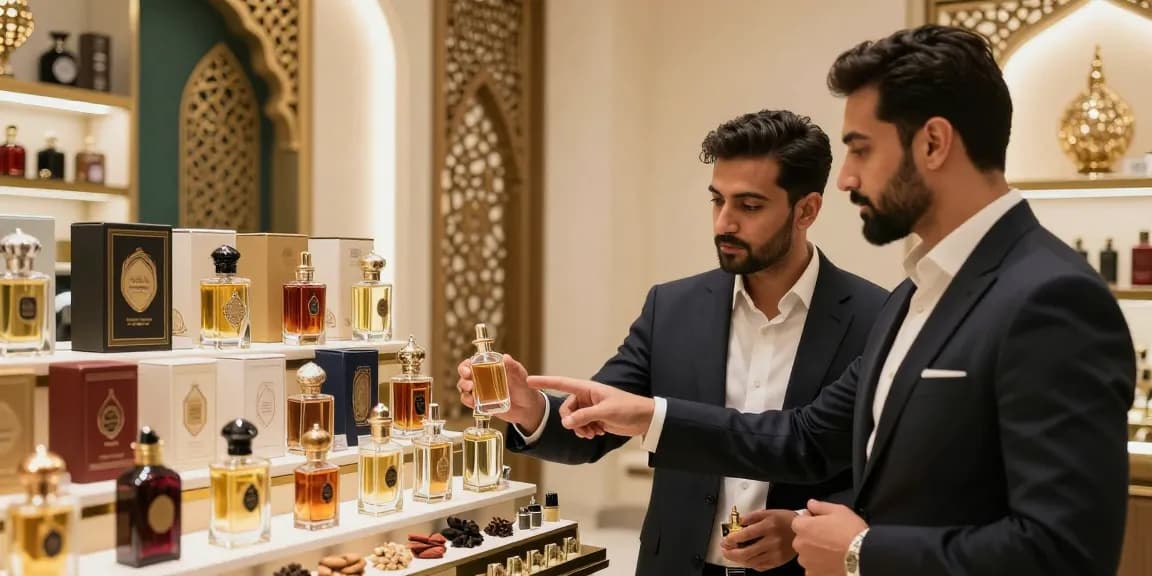 Verken de wereld van arabisch parfum heren met luxe flessen in een elegante winkelsetting.