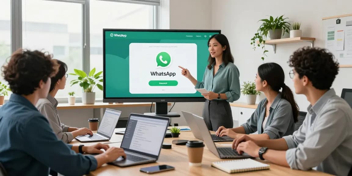 Team collaborating in a modern workspace showcasing WhatsApp網頁版 functionality on large screen.