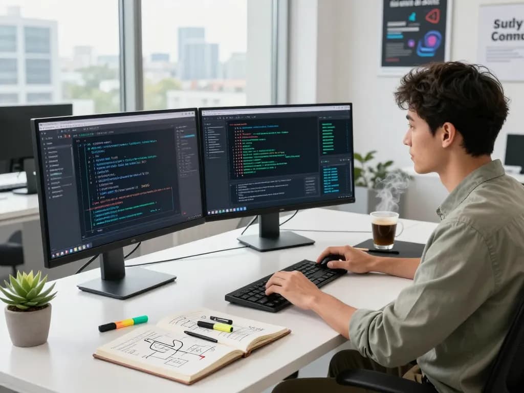 Software developer using juicy ai technology in a modern workspace with multiple monitors and vibrant atmosphere.