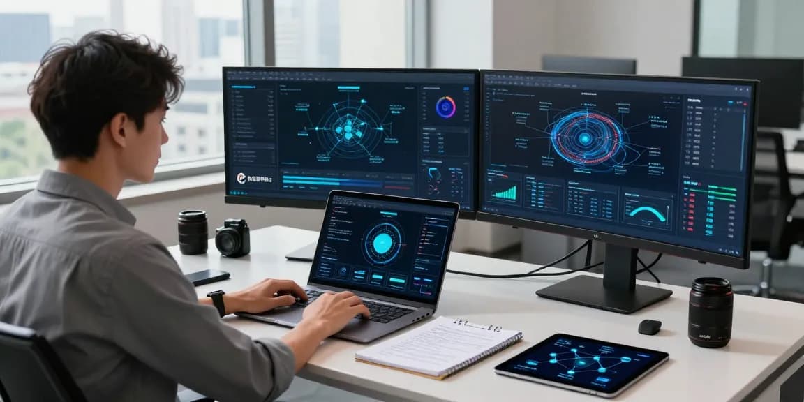 Professional using 快连 platform in a modern tech workspace with multiple screens and innovative gadgets.