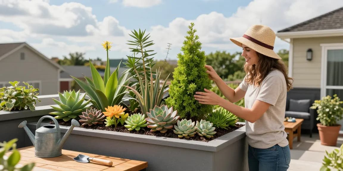 Huiseigenaar inspecteert een bloeiend sedumdak op een dakterras in de stadsomgeving, met levendige vetplanten in fel zonlicht.