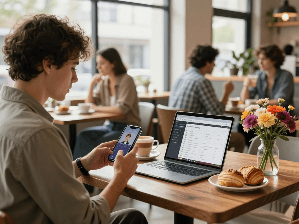 Engaging scene of a modern dating experience with f168.dating in a café.