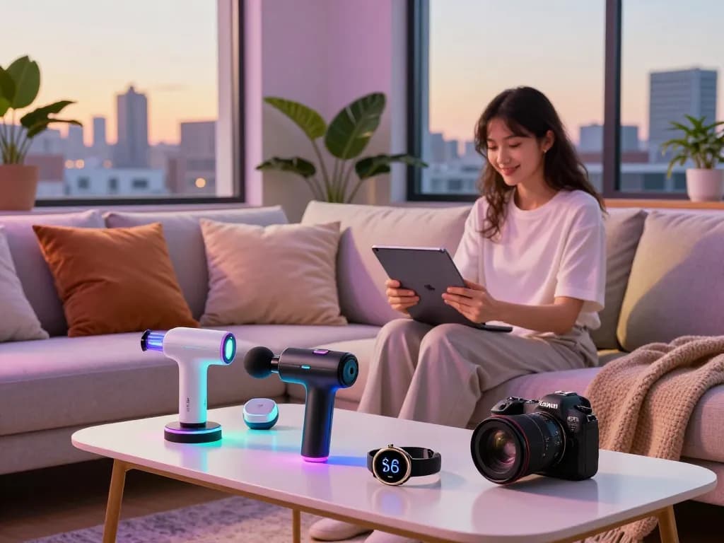 Showcasing cool tech gadgets under $118 in a modern urban living room with Bluetooth devices.