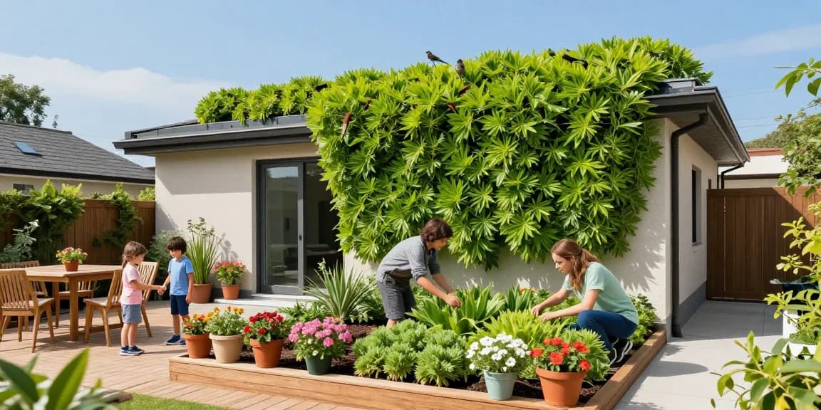 Kleurig sedumdak dat milieuvriendelijke dakbedekking biedt in een levendige tuinomgeving.