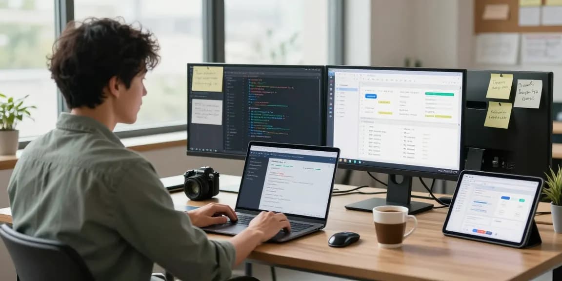 Build internal tools with AI, highlighting a programmer coding in a modern workspace.