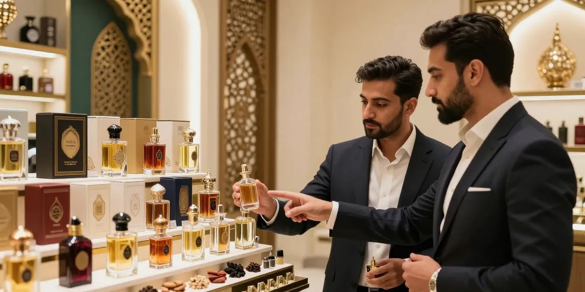 Verken de wereld van arabisch parfum heren met luxe flessen in een elegante winkelsetting.