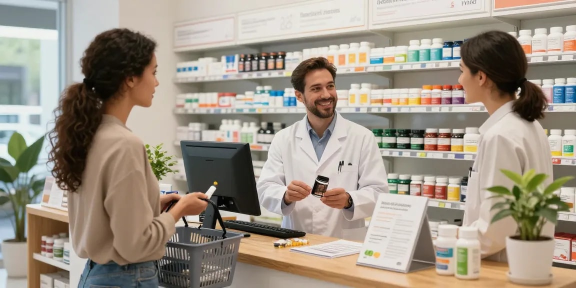 Unieke Pharma Shop met klant in gesprek over supplementen in moderne apotheek