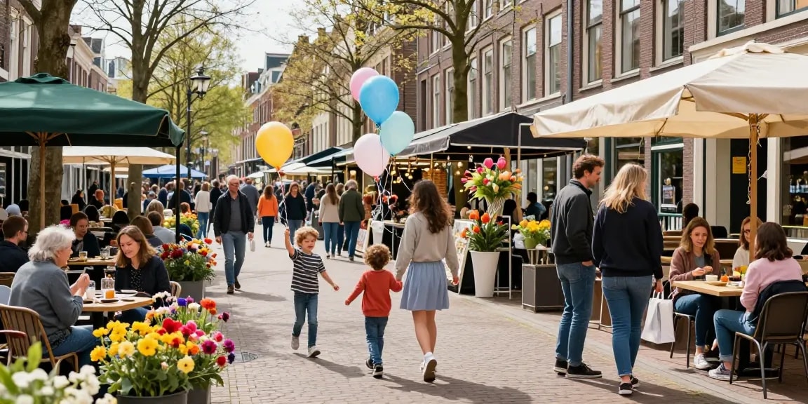 Families enjoying springtime activities in Den Haag, highlighting bedrijven den haag in a vibrant market scene.