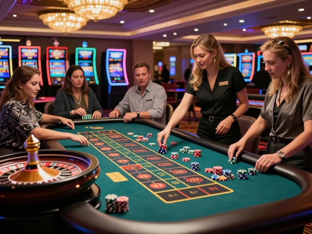 rik88 engaging players at a bustling roulette table in a glamorous casino atmosphere, showcasing strategic gameplay and vibrant energy.