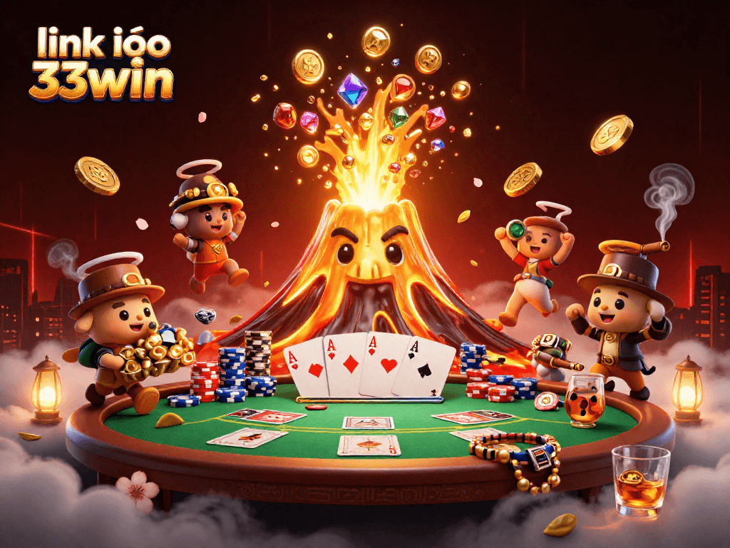 Spin to win with link vào 33win, featuring a triumphant volcano surrounded by poker elements and treasure.