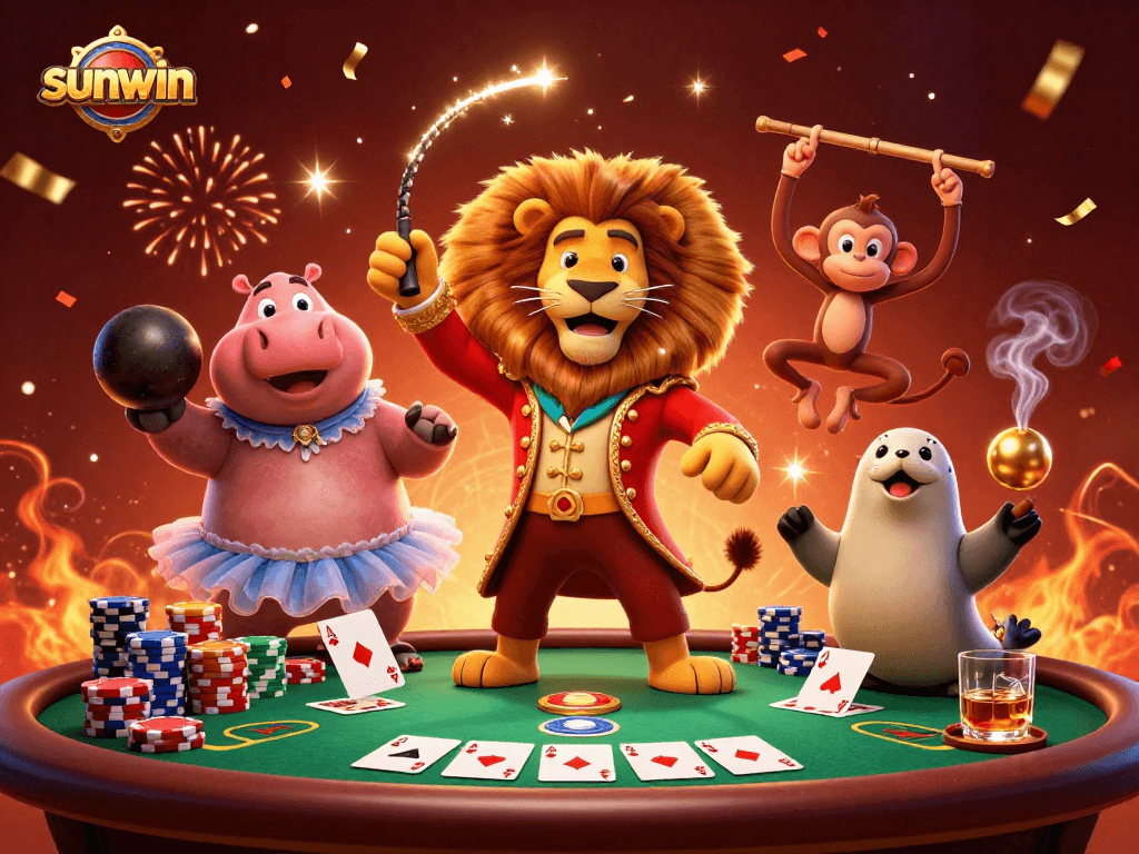 Experience gaming excitement with sunwin's vibrant casino scene filled with characters and poker elements.