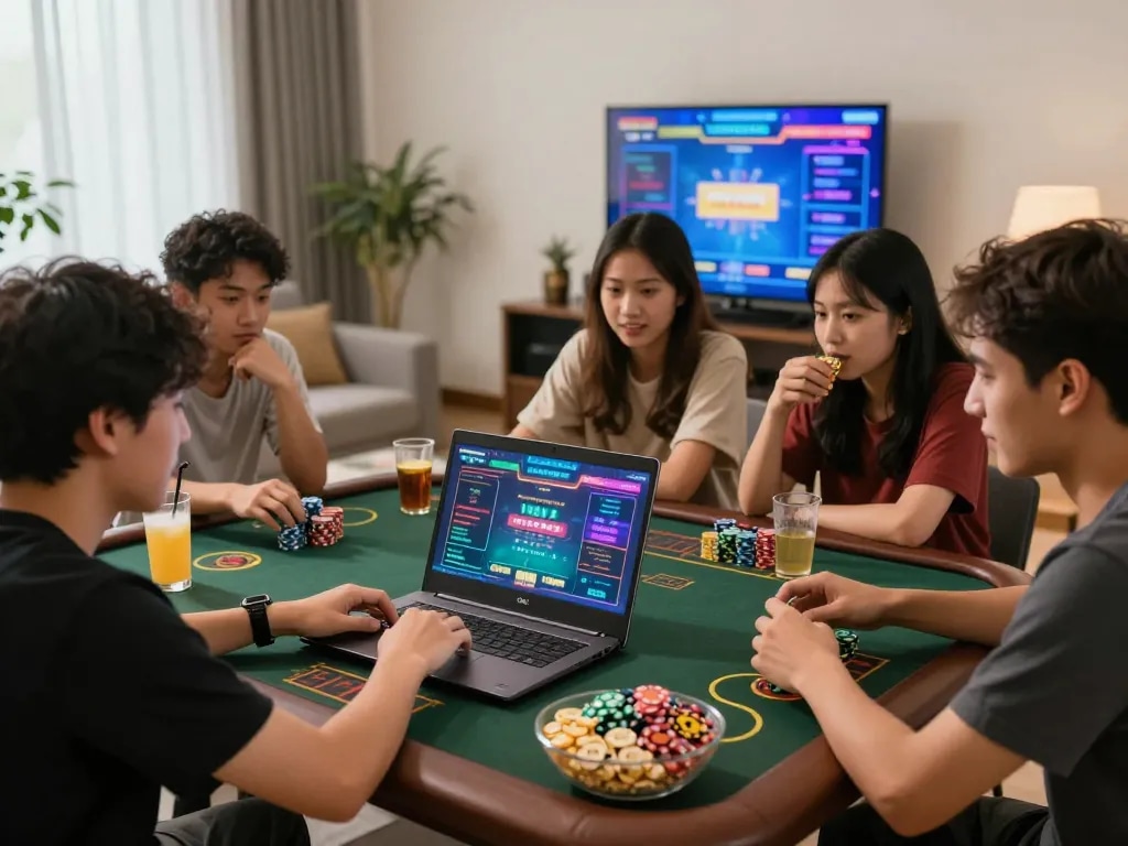 Friends enjoying a gaming session while exploring Five88 uy tín online betting, showcasing excitement and camaraderie.