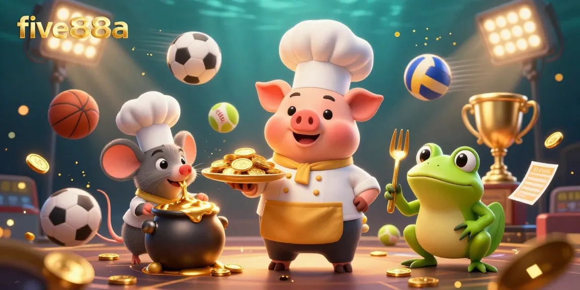 Experience the excitement at five88a with dynamic sports betting action featuring a chef pig serving gold coins in a lively casino scene.