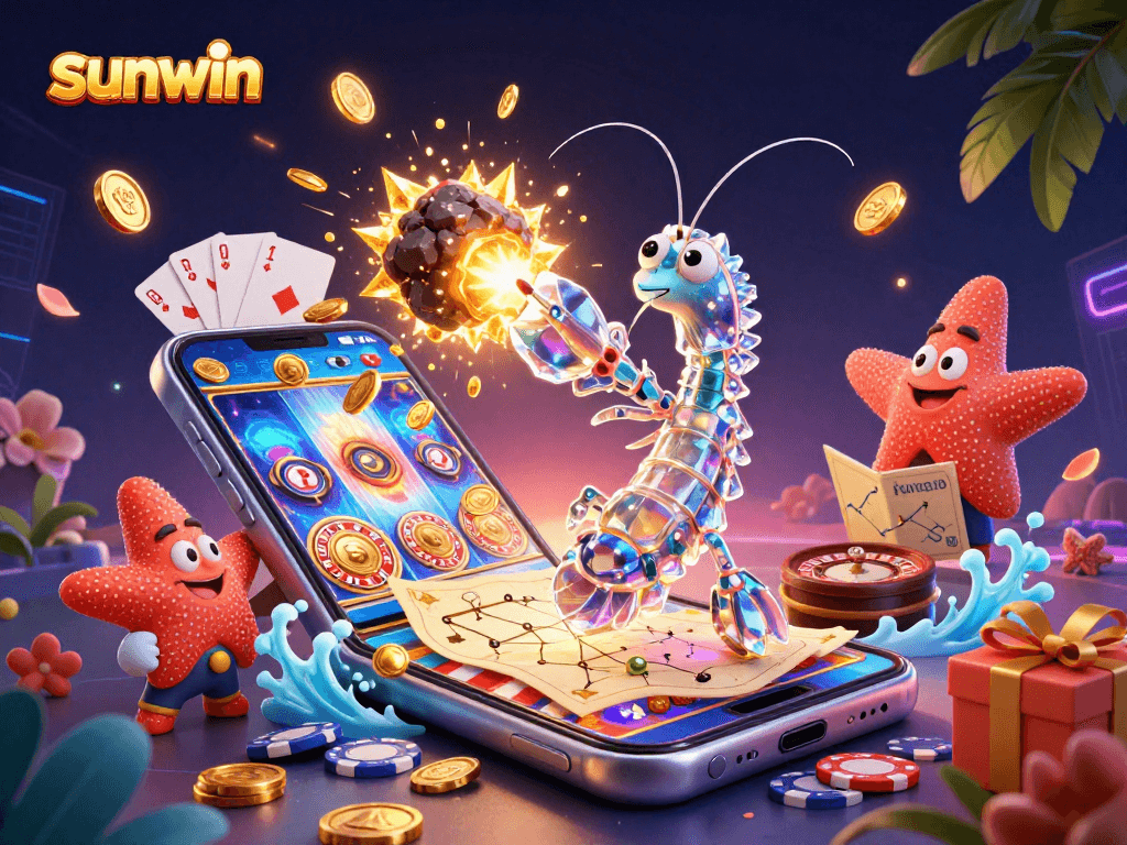 Experience sunwin slots with a galactic samurai mantis shrimp battling asteroids full of gems and captivating game elements.
