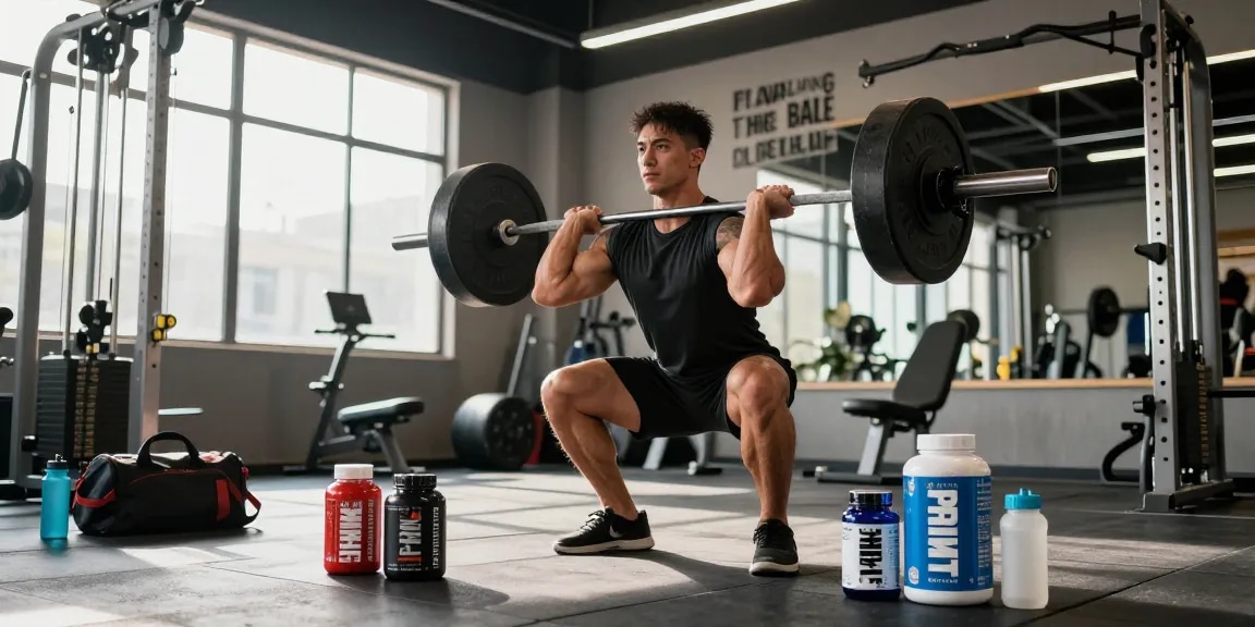 Prime Pharma Steroïden Winkel met een bodybuilder die intensief traint in een moderne sportschool.