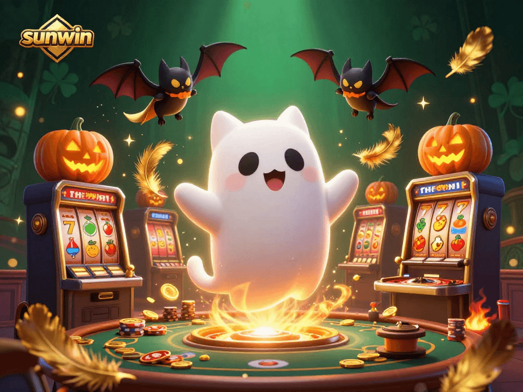 Experience thrilling gameplay with sunwin as a cheerful ghost cat haunts a vibrant casino scene.