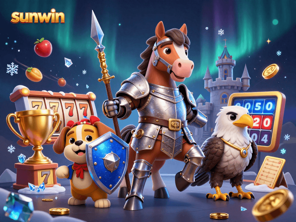 Win big with sunwin in this dynamic 3D casino scene featuring knights and jackpots.