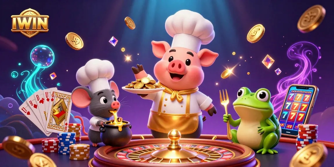IWIN serves thrilling casino experiences with golden coins, vibrant games, and lively characters.