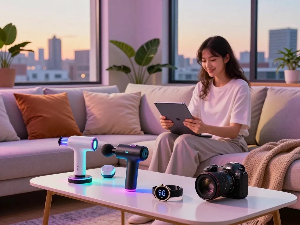 Showcasing cool tech gadgets under $118 in a modern urban living room with Bluetooth devices.