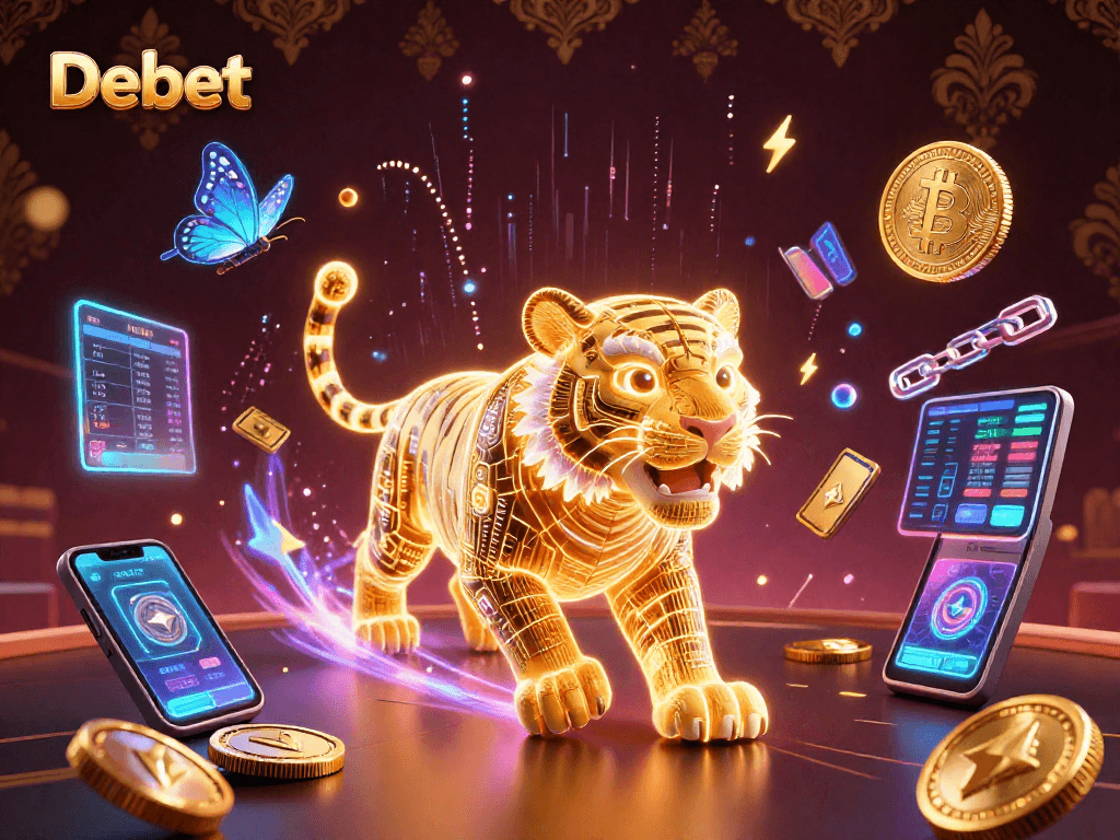 Experience the digital casino wonderland with Debet's thrilling atmosphere filled with vibrant crypto elements.