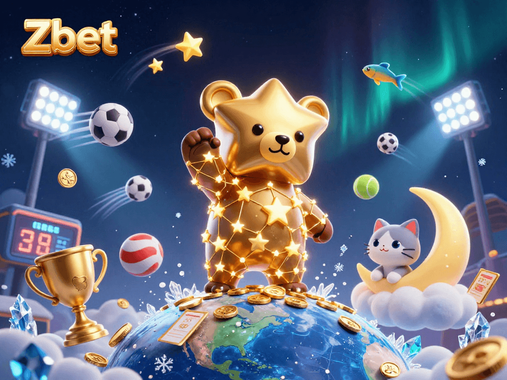 Zbet's gaming excitement captured in a vibrant 3D scene featuring starry characters and dynamic sports elements.