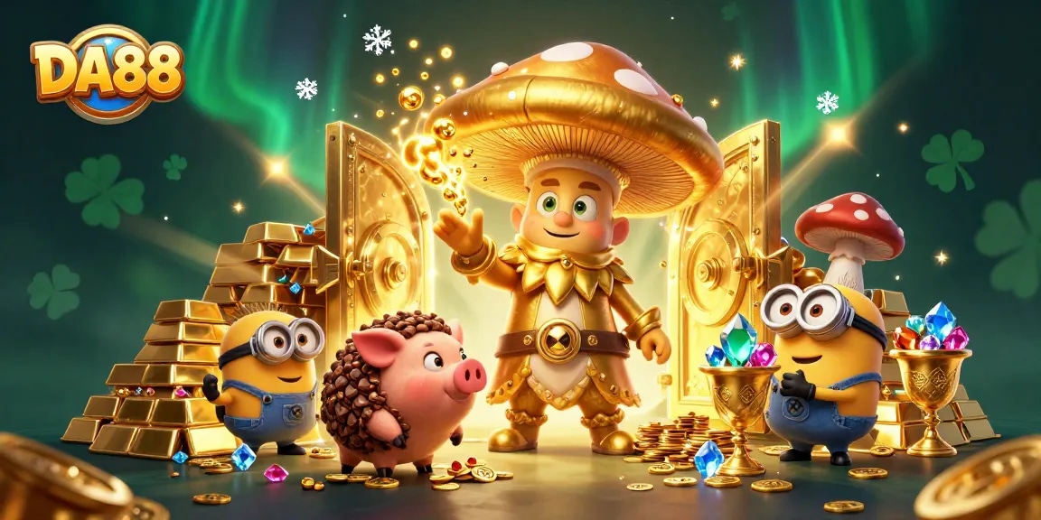 Experience DA88's magical scene with golden treasures and enchanting characters in this captivating casino illustration.