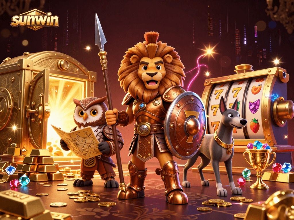 Win big with sunwin in this vibrant, ultra-detailed 3D casino illustration featuring a Spartan lion, owl, and greyhound.