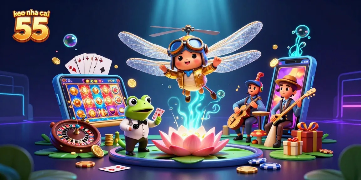 Experience thrilling bets at keo nha cai 55 with an animated dragonfly pilot at a vibrant lily pad casino.
