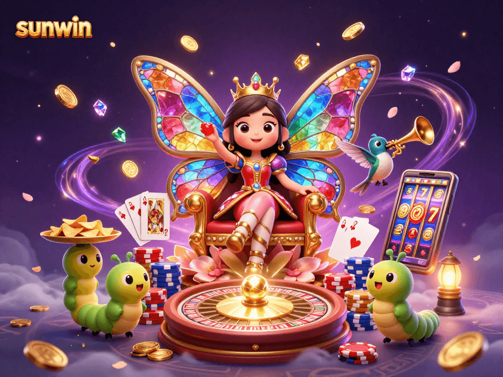 Experience sunwin's vibrant casino scene with a cartoon butterfly queen and golden game elements.