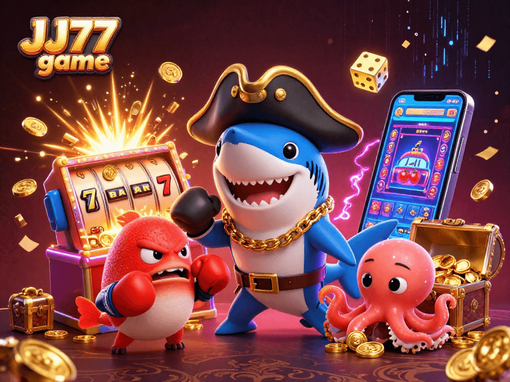 Win big with JJ77 game in this vibrant 3D casino scene featuring lively characters and jackpot thrills.