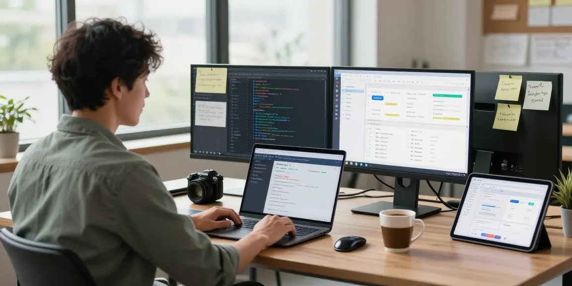 Build internal tools with AI, highlighting a programmer coding in a modern workspace.