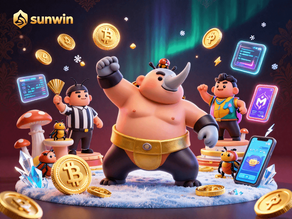 Join the excitement at sunwin with our cartoon beetle sumo champion in a dazzling casino scene.