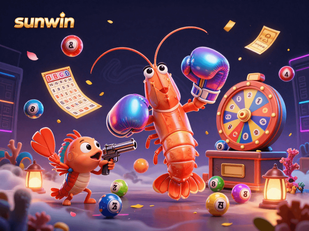 Engage with sunwin's vibrant lottery scene featuring underwater characters, lively numbered balls, and dazzling prize elements.