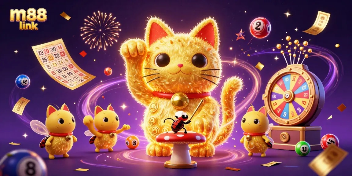 Engage with m88 link in an enchanting 3D scene depicting a lucky cat and vibrant casino symbols.
