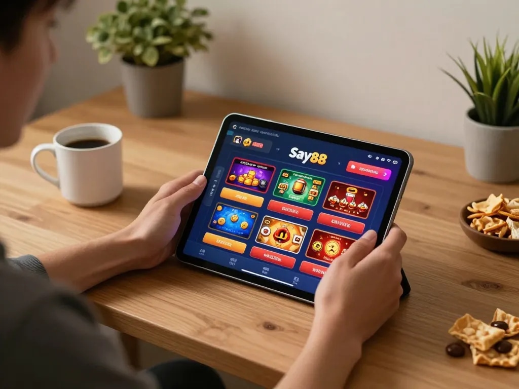 Engaging online gaming experience at Say88, showcasing a lively app interface and cozy home setup.