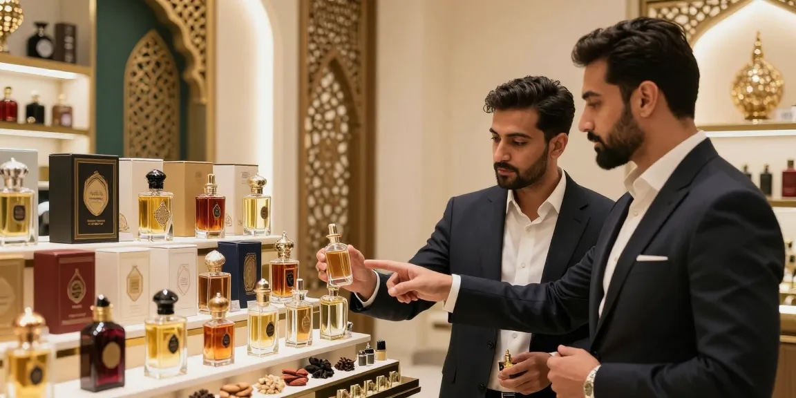 Verken de wereld van arabisch parfum heren met luxe flessen in een elegante winkelsetting.