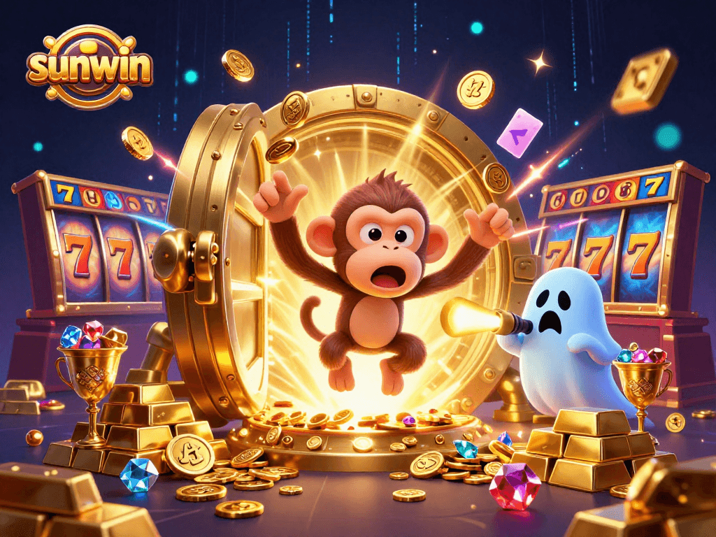 Experience the enchanting world of sunwin with a playful poltergeist monkey and ghost-hunter puppy amidst golden treasures.