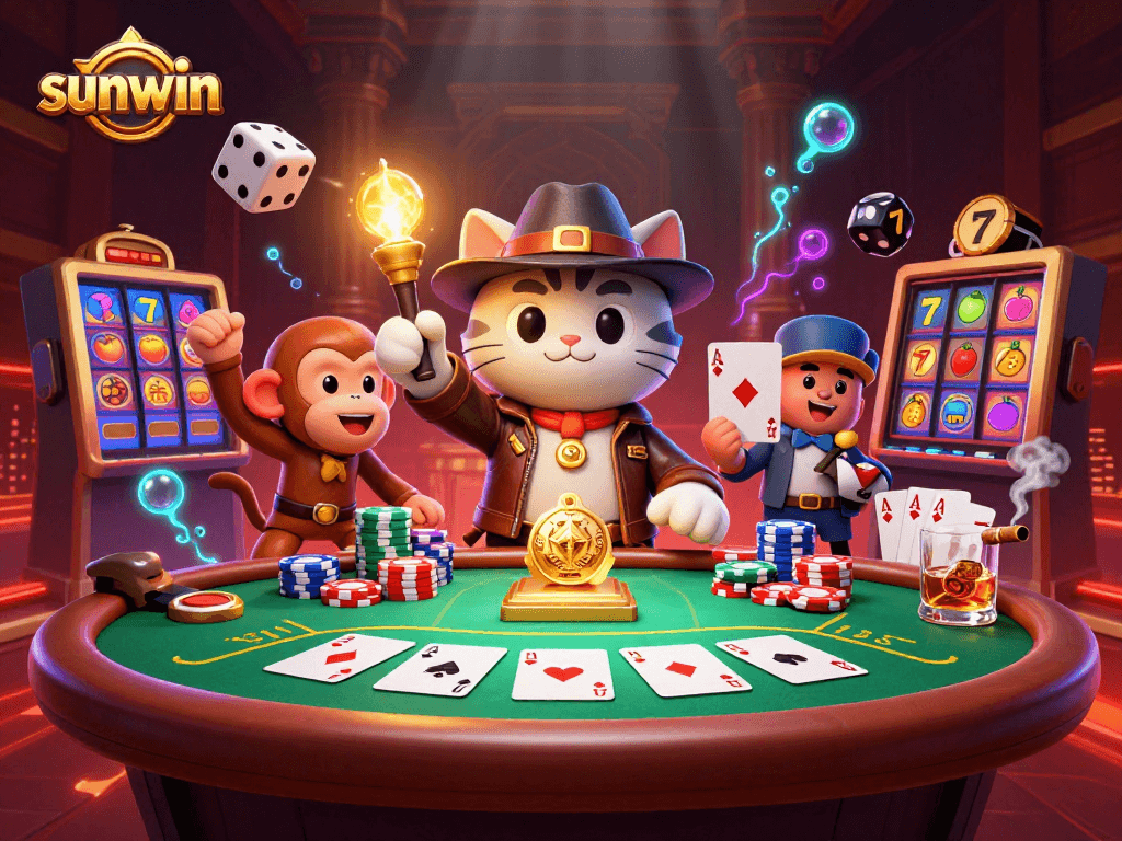 Experience the thrill of sunwin casino adventures with a vibrant 3D illustration featuring a cat archaeologist exploring in a temple.