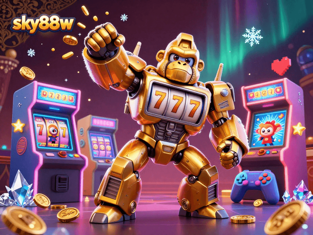 Experience engaging gameplay at sky88w with a dynamic golden gorilla mech amidst vibrant casino-themed elements.