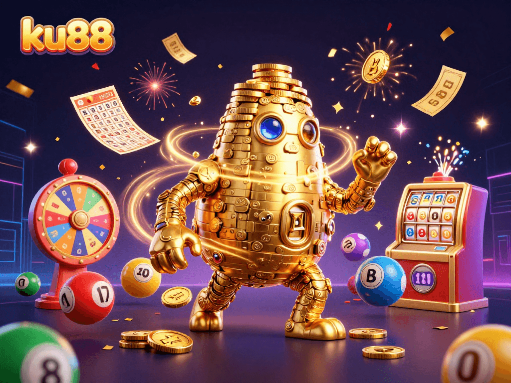 Engage with ku88's vibrant lottery scene filled with gold coins, colorful balls, and dynamic prizes.