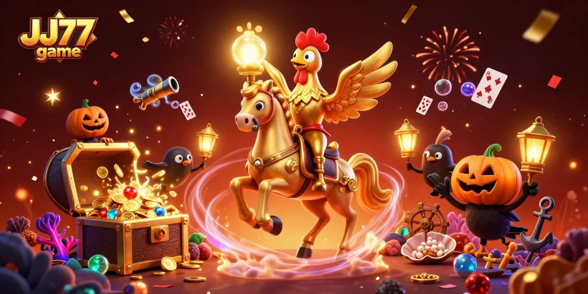 Play the exciting JJ77 game amidst vibrant casino scenes with gold and vibrant treasures.