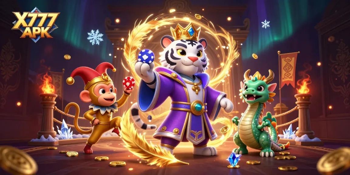 Engage with thrilling X777 APK gaming experience featuring whimsical characters amid a vibrant casino setting.