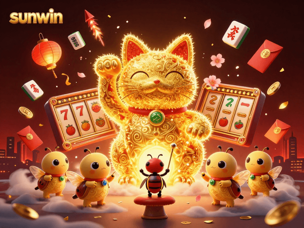 Engage with sunwin in this vibrant scene featuring a lucky cat and lively casino elements, showcasing excitement.