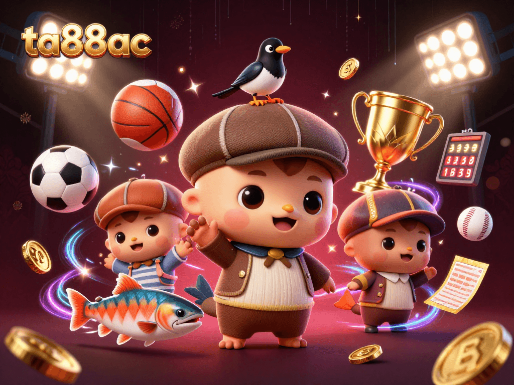 Experience excitement at ta88ac with a vibrant 3D casino illustration featuring playful characters amidst dynamic sports elements.