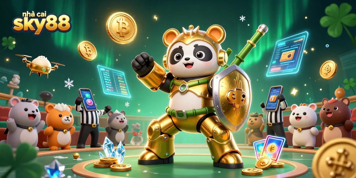Experience thrilling action at nhà cái sky88 with a vibrant 3D casino scene featuring a golden panda and mech robot.