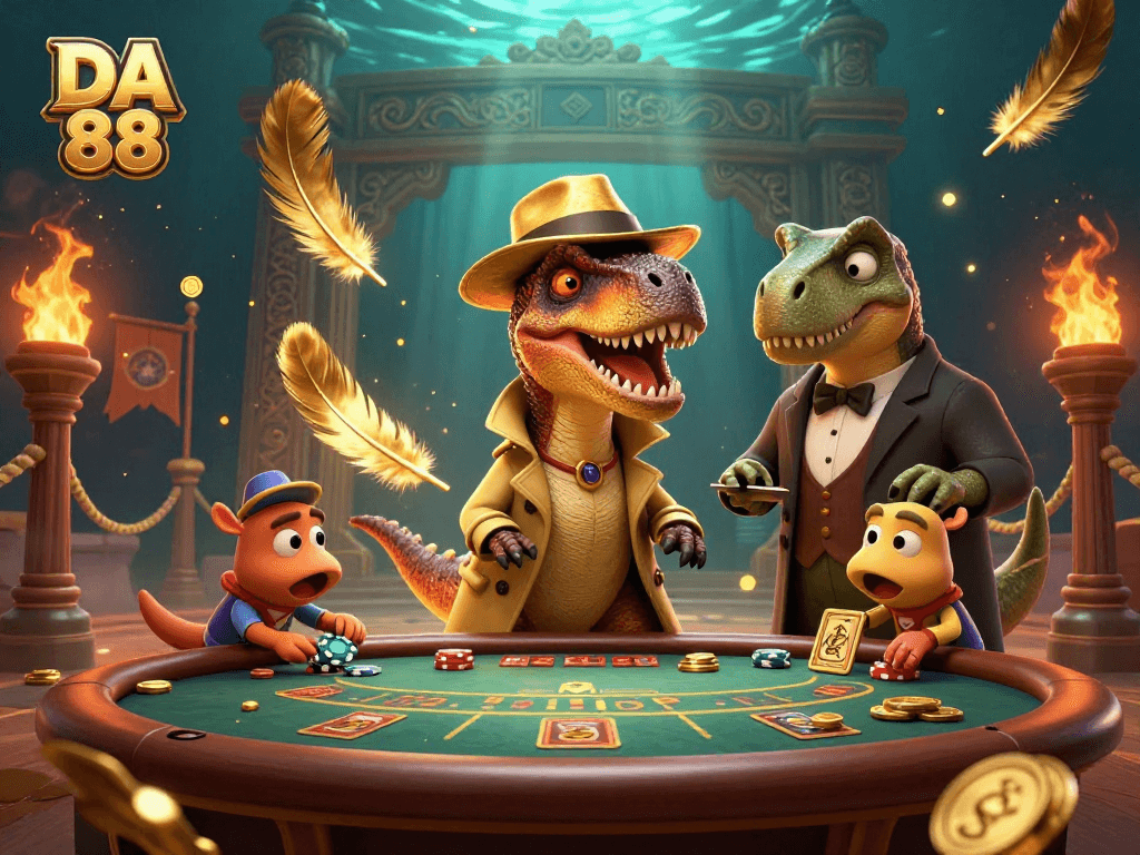 DA 88 showcases a velociraptor card counter at a blackjack table with dynamic casino elements.