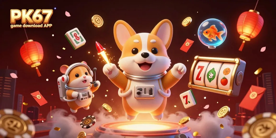 Engage with PK67 game download APK featuring a vibrant 3D casino scene with a floating corgi and dynamic elements.