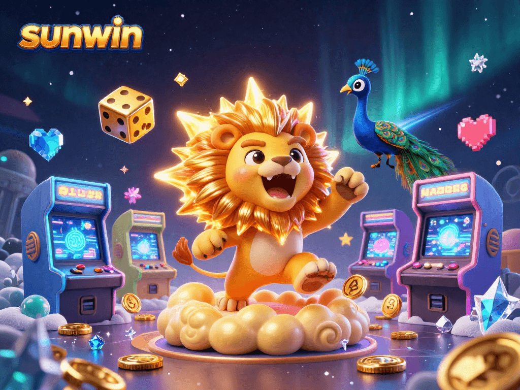 Engage with sunwin's exciting gameplay featuring a triumphant sun lion, golden dice, and vibrant game machines.