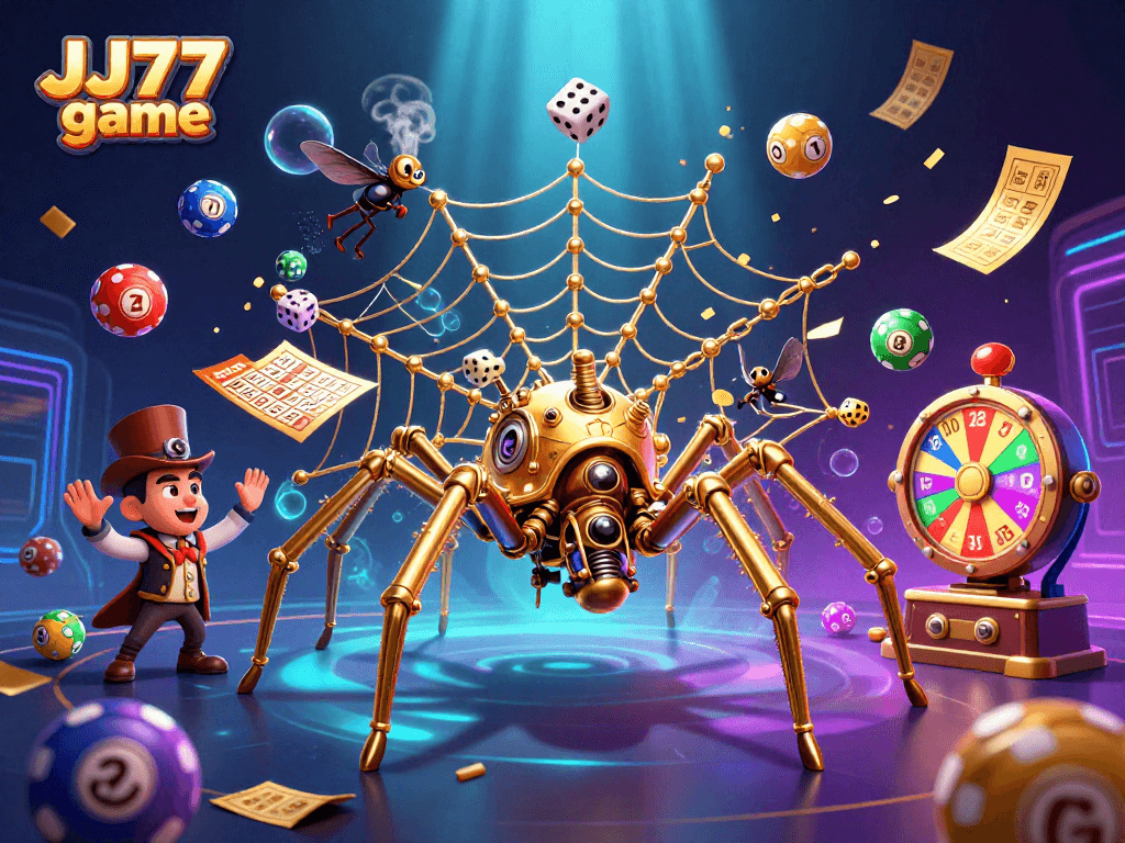 Experience the thrilling JJ77 game with golden spider and Victorian fly in a vibrant casino scene.
