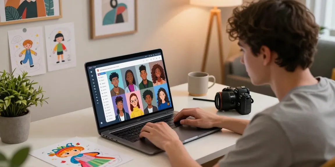 User engaging with character ai nsfw interface on a laptop, surrounded by artistic sketches and modern decor.